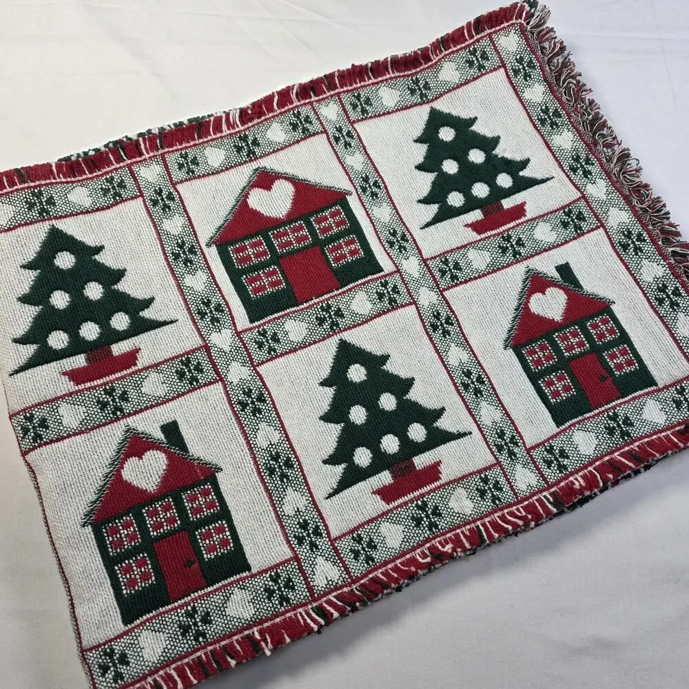 Reversible Christmas Tapestry Table Runner Trees Houses Red Green 13x70 Cottage